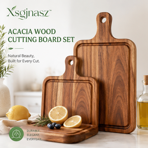 Xsgjnasz™ Acacia Wood Cutting Board Set with Juice Groove & Handle