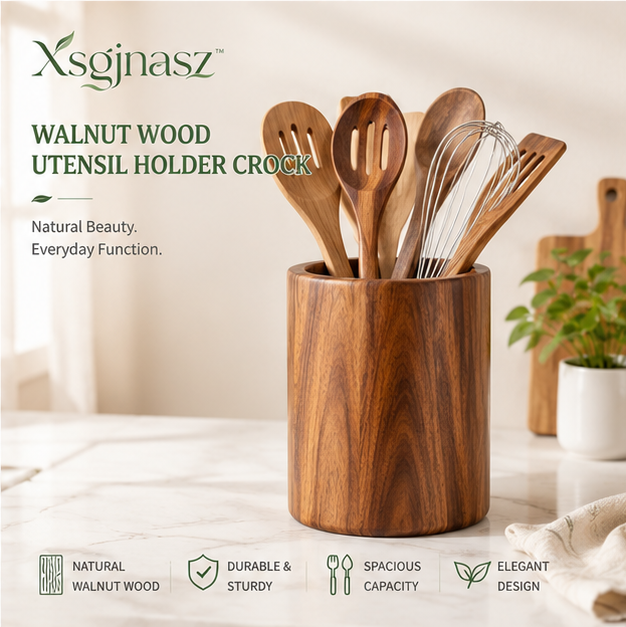 Xsgjnasz™ Walnut Wood Utensil Holder Crock for Countertop Storage