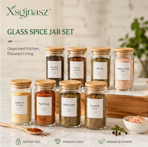 Xsgjnasz™ Glass Spice Jar Set with Bamboo Lids & Minimalist Labels