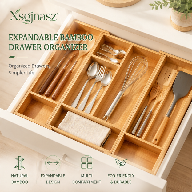 Xsgjnasz™ Bamboo Expandable Drawer Organizer for Kitchen Utensils